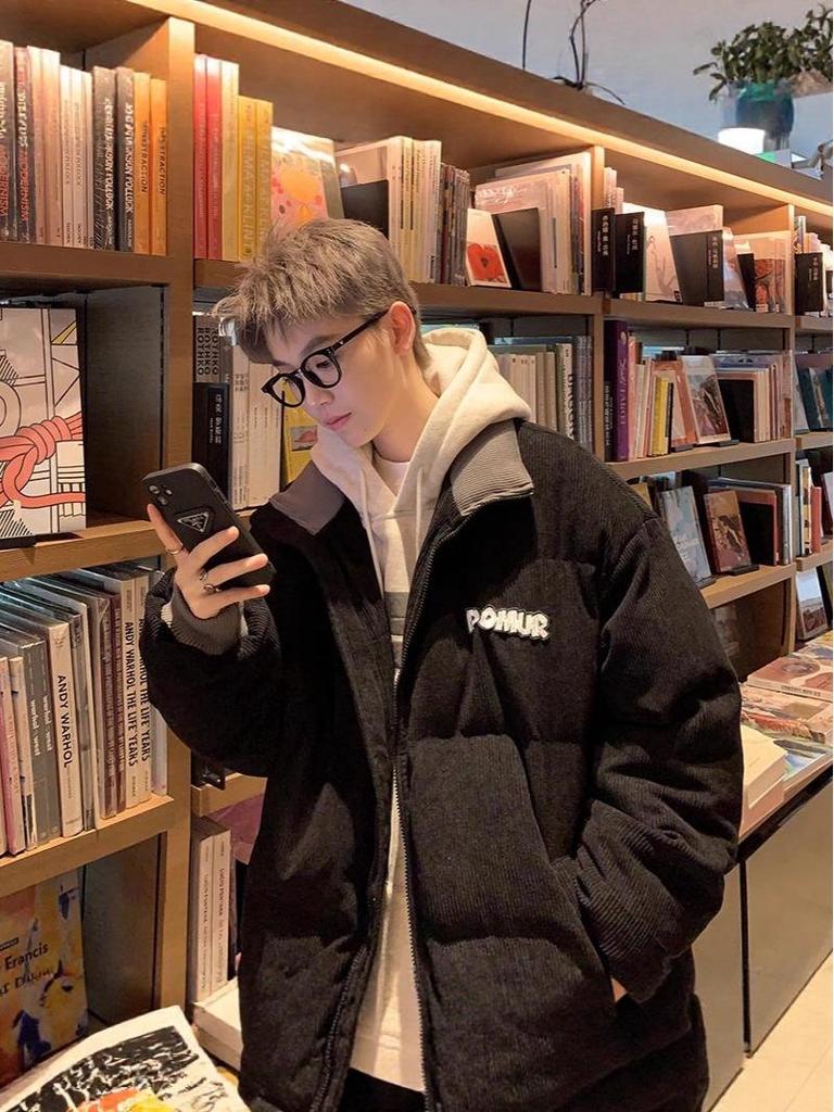 Men's Japanese Retro Corduroy Cotton Jacket - Thickened Stand Collar with Letter Patch for Autumn/Winter