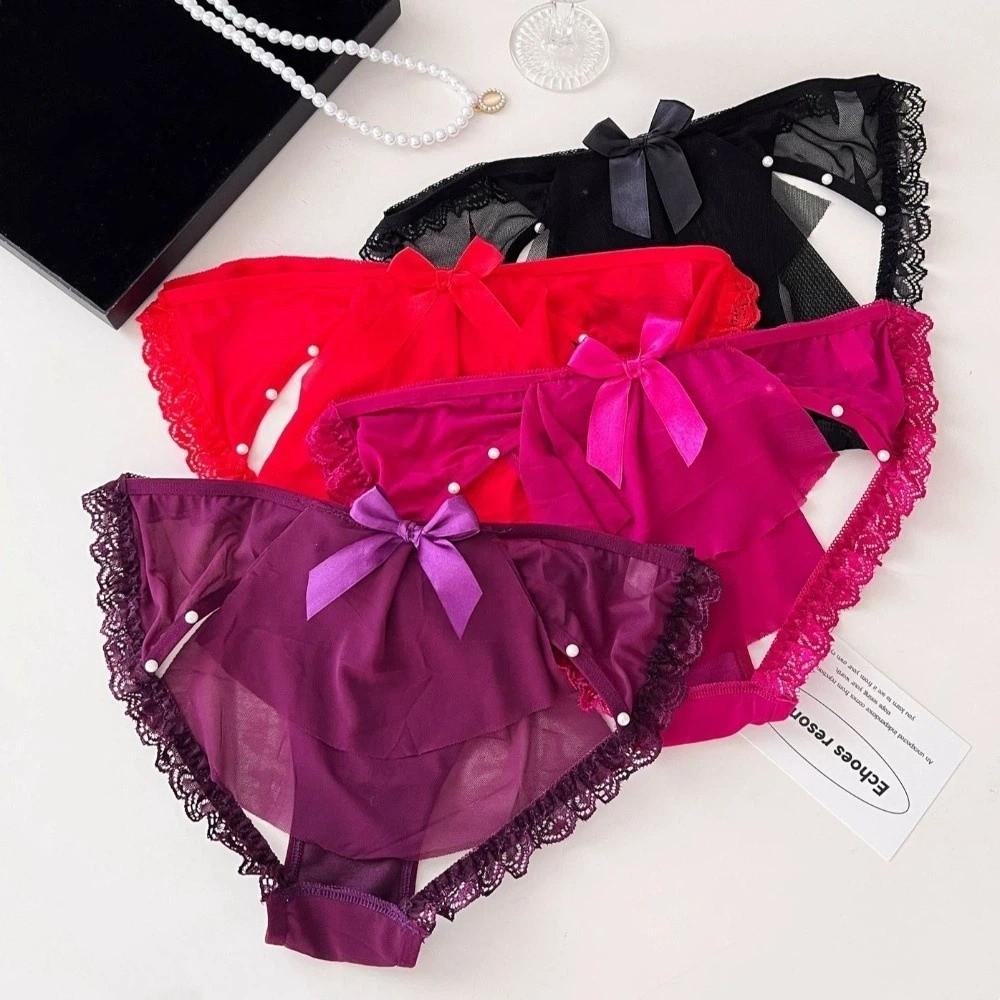 Low Waist Sheer Bow Lace Thong Bowknot Mesh Lace T Panties Lace Underwear  Home