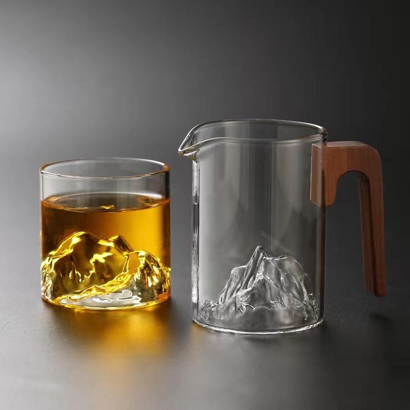 Japanese Style 3D Mountain Bottom Glass Tea Fair Cup With Wooden Handle Tea Pitcher Kung Fu Puer Teacup Teaware