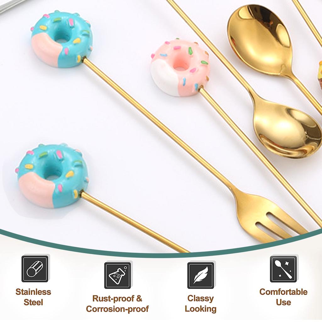 Leeseph Set di cucchiaini da caffè e forchette in acciaio inox, piccoli cucchiaini da tè, mini ciambelle, dessert, gelato, tè, zucchero, agitatori per regalo di Capodanno