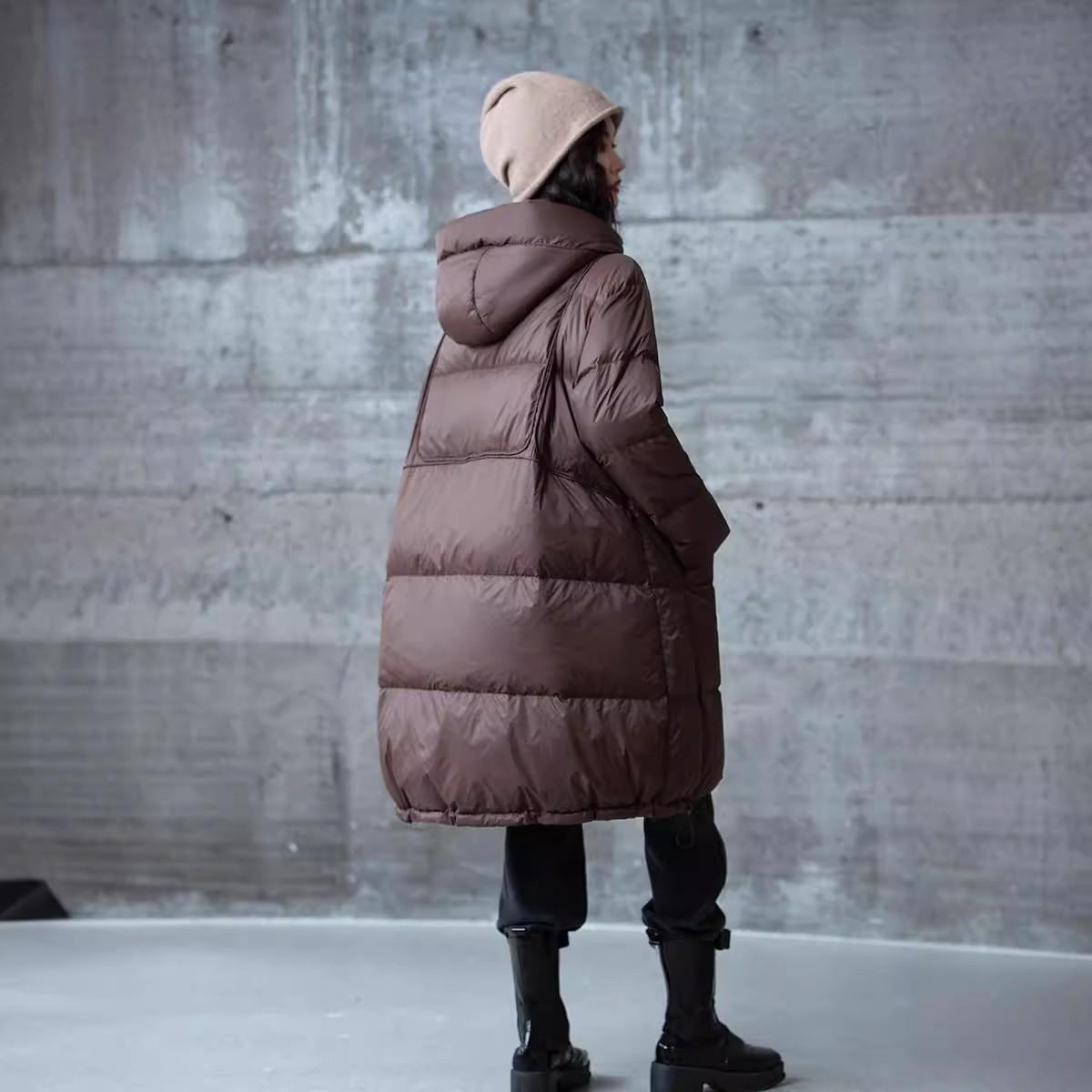 

Женская зимняя куртка на утином пуху с капюшоном, осеннее толстое теплое пуховое пальто, ветровка, А-образный силуэт, женские модные парки M кофейный