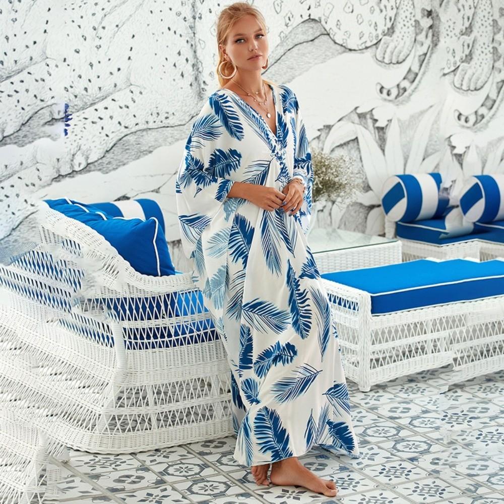 Lässige Boho Bikini Cover-ups Blattdruck Übergroßes Strand-Cover-Up Offene Vorderseite Langes Kleid Strandmode Für Damen