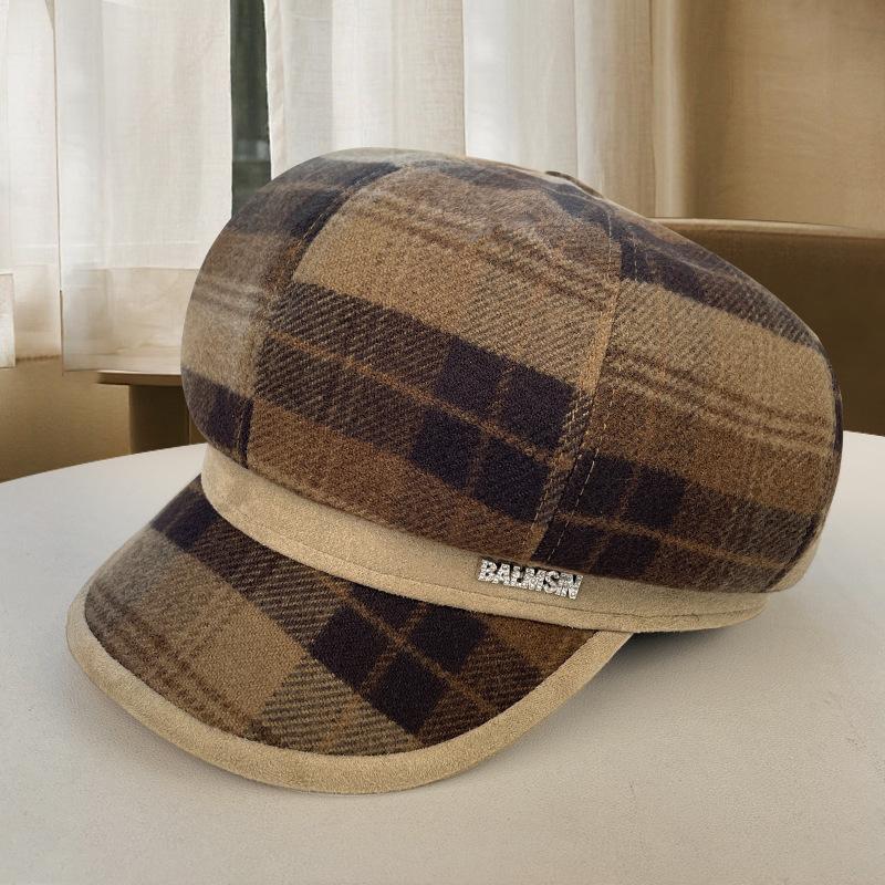 Plaid Octagonal Hat for Women Retro All Match Literary Painter Hat Autumn Face Small Newsboy Hat Big Head Beret