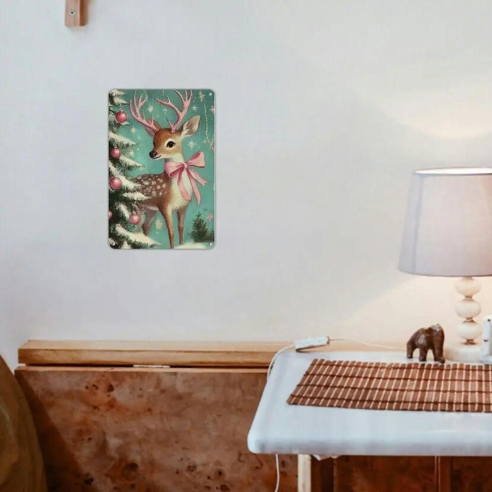 Pink Christmas Santa Deer Metal Sign for Wall Home Decor Holiday Plaque