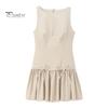 Women Summer Dress Sleeveless Bow Decor Pleated A-line Solid Color Mini Dress Back Zipper Closure O Neck Vest Dress for Dating Party
