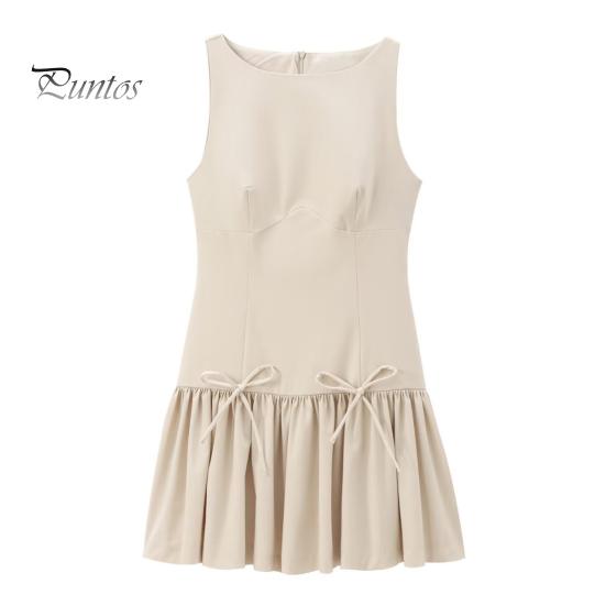 Women Summer Dress Sleeveless Bow Decor Pleated A-line Solid Color Mini Dress Back Zipper Closure O Neck Vest Dress for Dating Party
