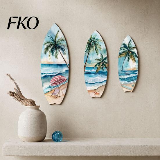 French Vintage Home Decor 3Pcs Wooden Surfboard Wall Art Decor, Natural Wood Hanging Sign, Sun-resistant Sculpture Lightweight Tropical Summer