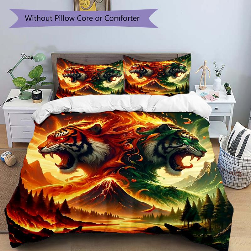 3pcs Flaming and Verdant Tiger Printed Duvet Cover Set (1 * Cover+2 * Pillowcase, Without Core), Suitable for Home Bedroom,