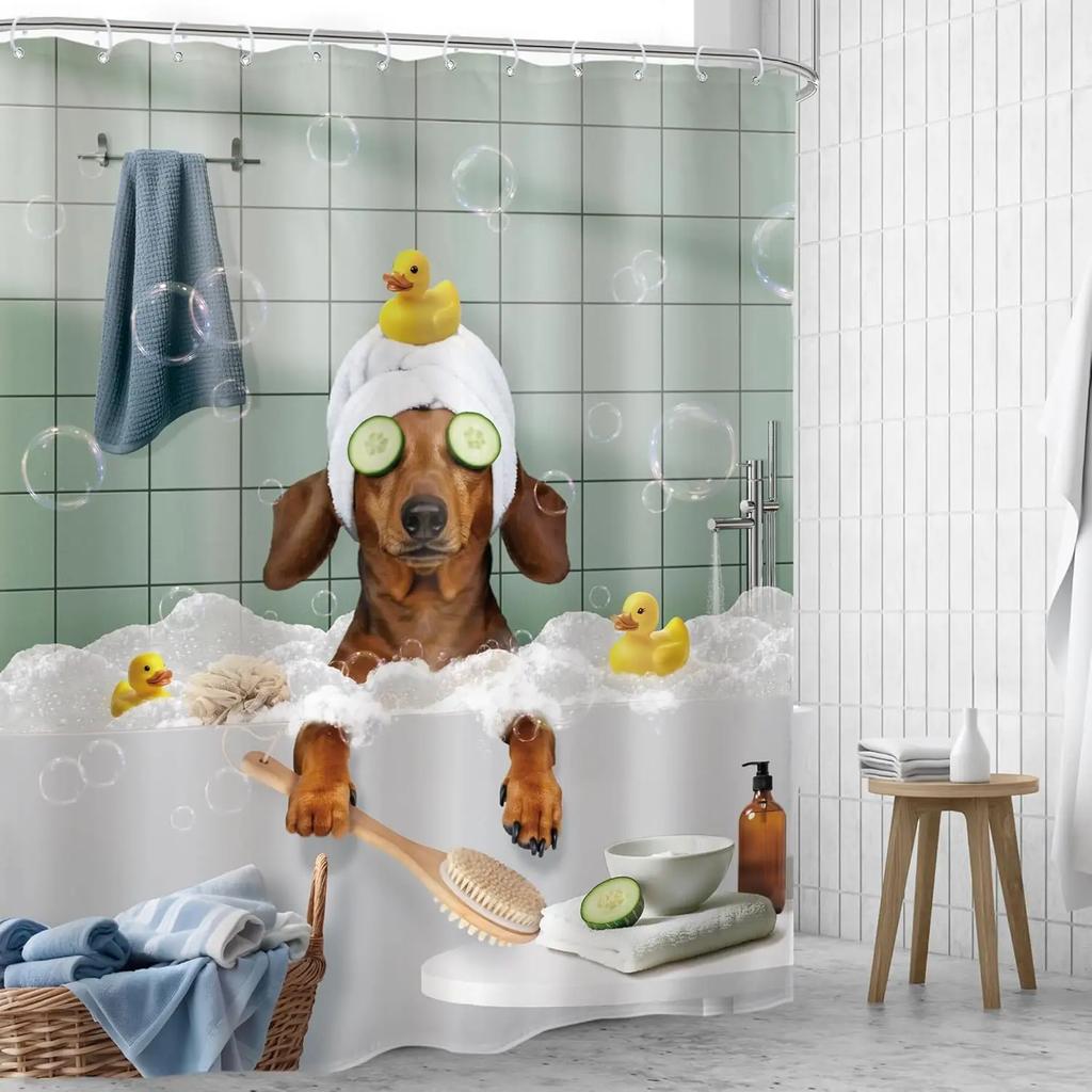 Funny Dog Shower Curtain Vintage Hilarious Dachshund Bath Soap Cute Animal Puppy Pets Bubbles Duck with Hooks Fabric Waterproo