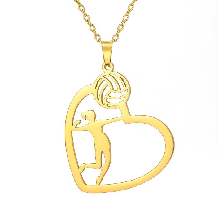 Lightweight Stainless Steel Necklace With Athletic Volleyball Pose And Heart Pendant Neck Chain For Women And Men