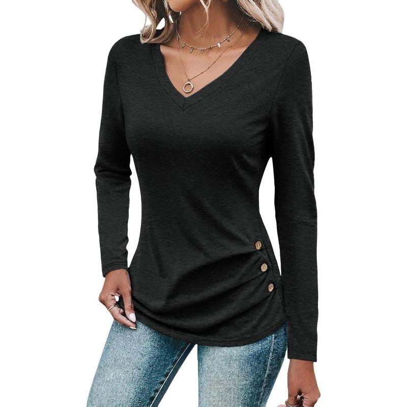 Women's Loose Fashion Solid Colour Long Sleeve Top Button Detail Knitted Multi Stretch Comfort T Shirt