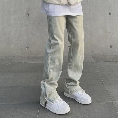 Men's Retro Washed Yellow Flared Jeans with Zippers