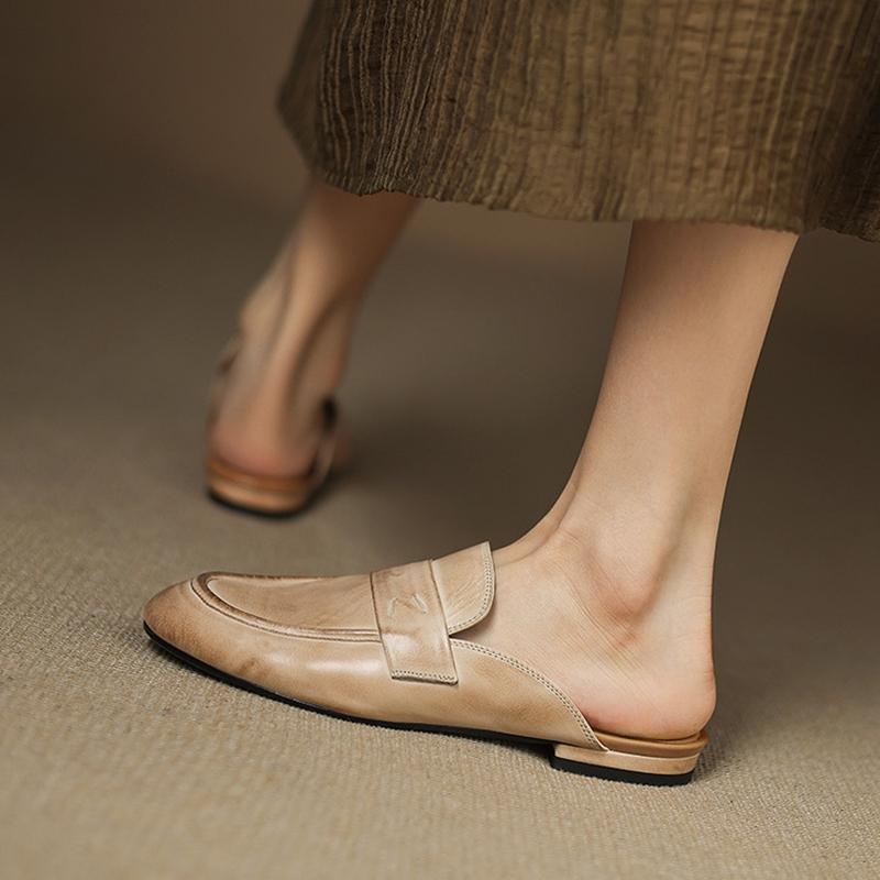 Fashion NEW Summer Women Mules Genuine Leather Shoes for Women Round Toe Low Heel Shoes Cover Toe Slip-on Women Sandals Retro Slippers