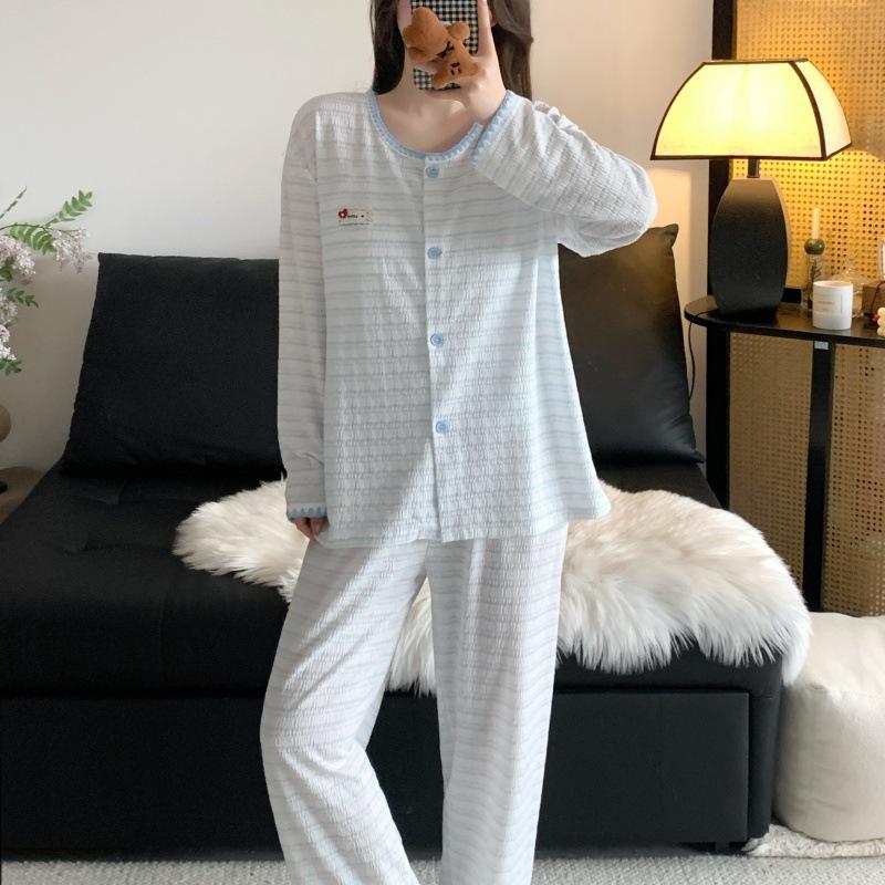 Korean Pink Striped Women's Pajama Set - Spring/Autumn 2026, Sweet Long Sleeve Cardigan Loungewear