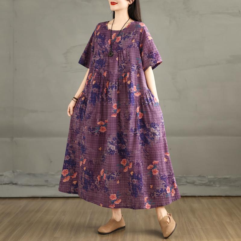 

Dimanaf 2025 Женское Летнее Платье Плюс Размер Базовый Винтажный Принт Цветочный Повседневный Оверсайз Длинное Свободное Платье XL фиолетовый