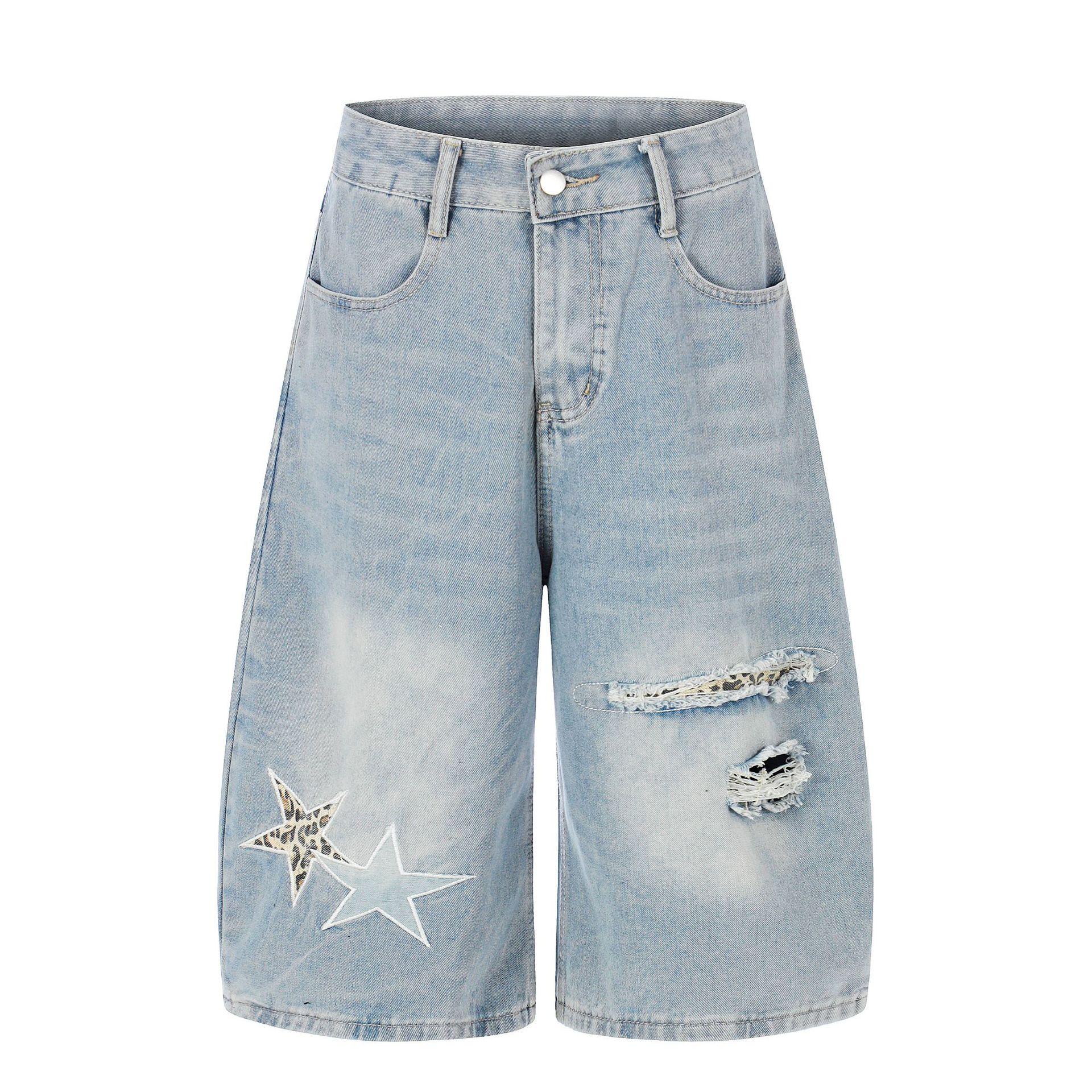 European, American retro seven-point denim pants patch embroidery personalized cleanfit scimitar pants S