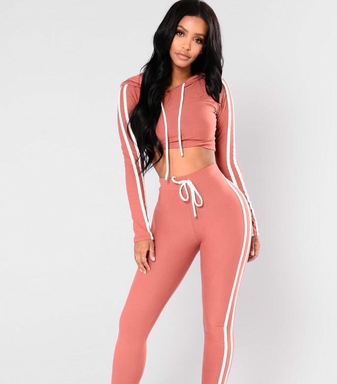 Women Striped Print Tracksuit Drawstring Hoodie Tops Long Pants Sport