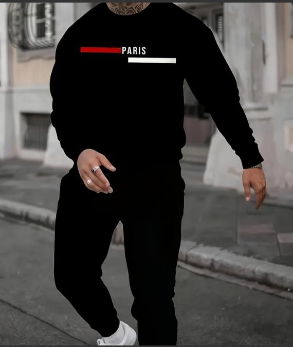 

Мужской хлопковый худи-комплект, Топ с длинным рукавом и джоггеры, Повседневный приталенный крой, Мягкий дышащий для ежедневной носки L чёрный