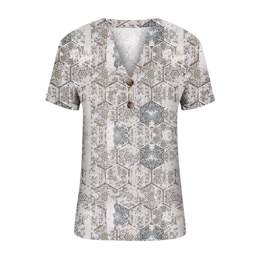 Fashion Womens Loose Summer Printing V Neck Button Button Short Sleeve Casual Tops