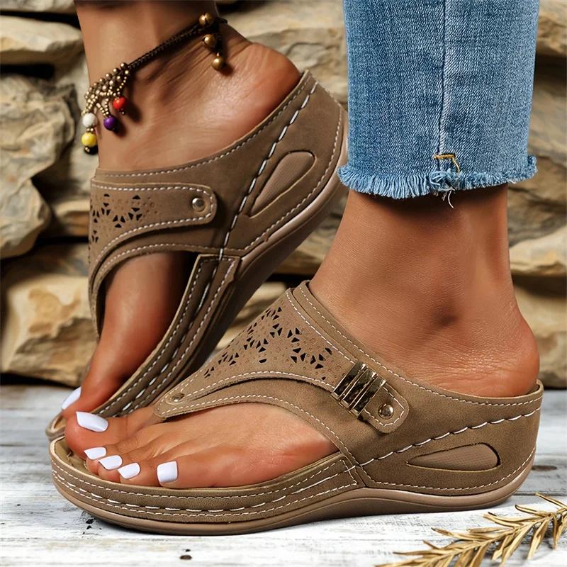Fashion Summer Women Slippers Wedge Platform Sandals Bohemian Beach Slippers Comfortable Flip Flops Retro Orthopedic Shoes Slides Women