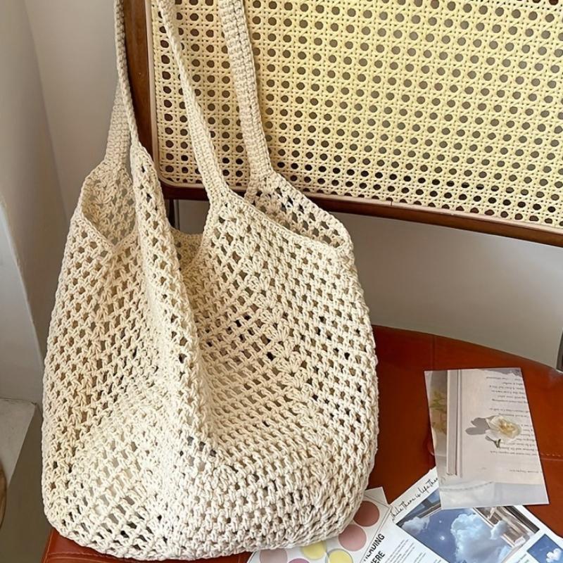 Crochet Mesh Tote Bag Hollow Woven Shoulder Bag Reusable Lightweight Knit Market Bag for Beach Travel Shopping and Daily Use