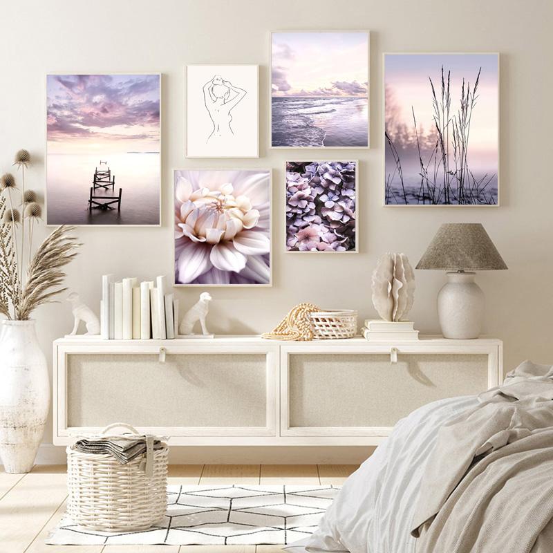 Lila Dahlie Reed Wand Kunst Einfache Linie Sexy Mädchen Landschaft Leinwand Malerei Nordic Poster Drucken Blume Bilder Zimmer Wand Dekor
