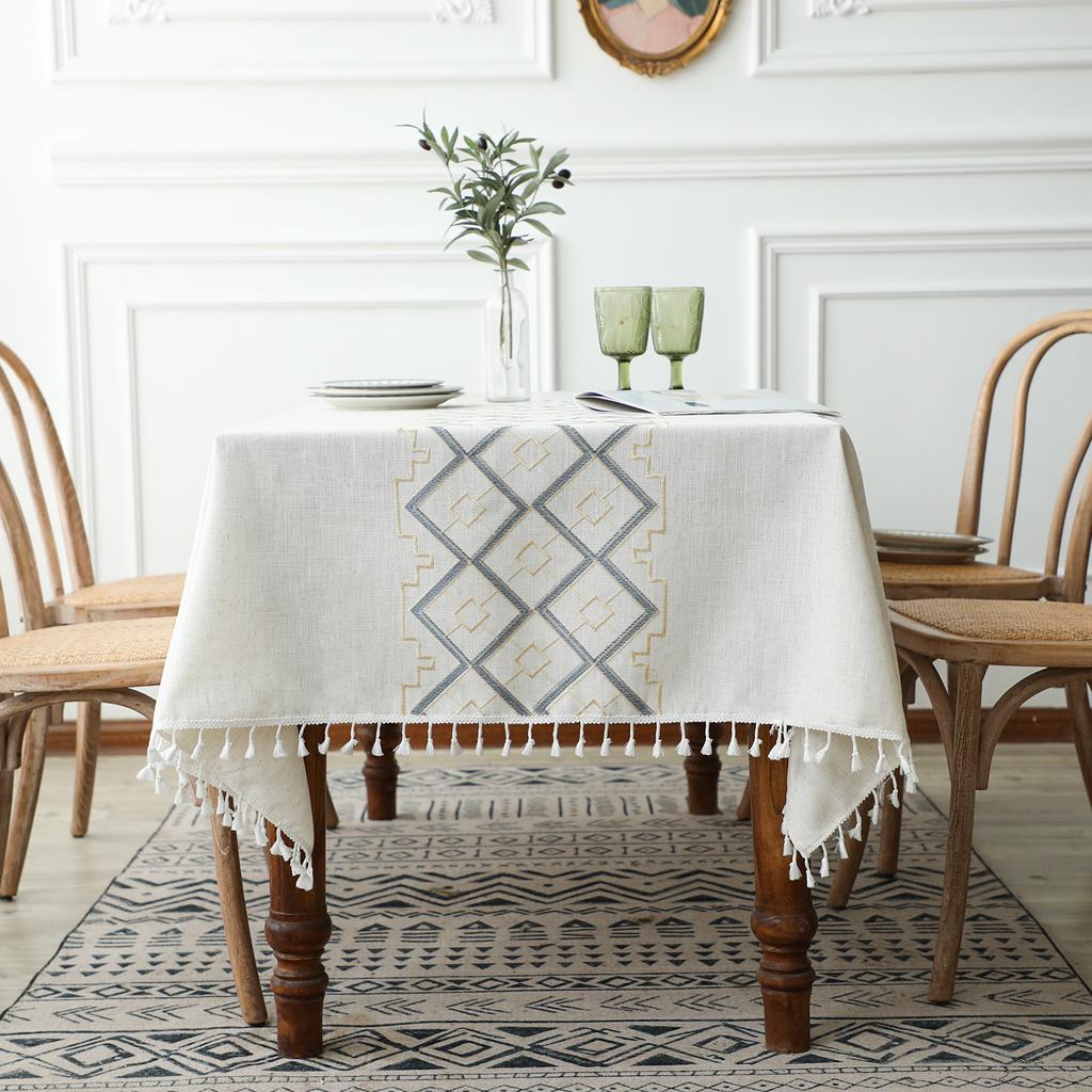 Tablecloth Cotton And Linen Fringed Three-Dimensional Embroidery Rectangular Party Picnic Tablecloth