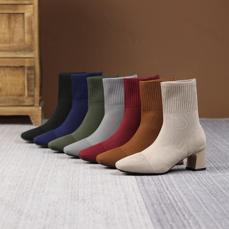 Women's Stretch Boots 2026 New Autumn Knitted High Heel Socks Boots Women Large Size Square Toe Fashion Boots Women Botas Mujer