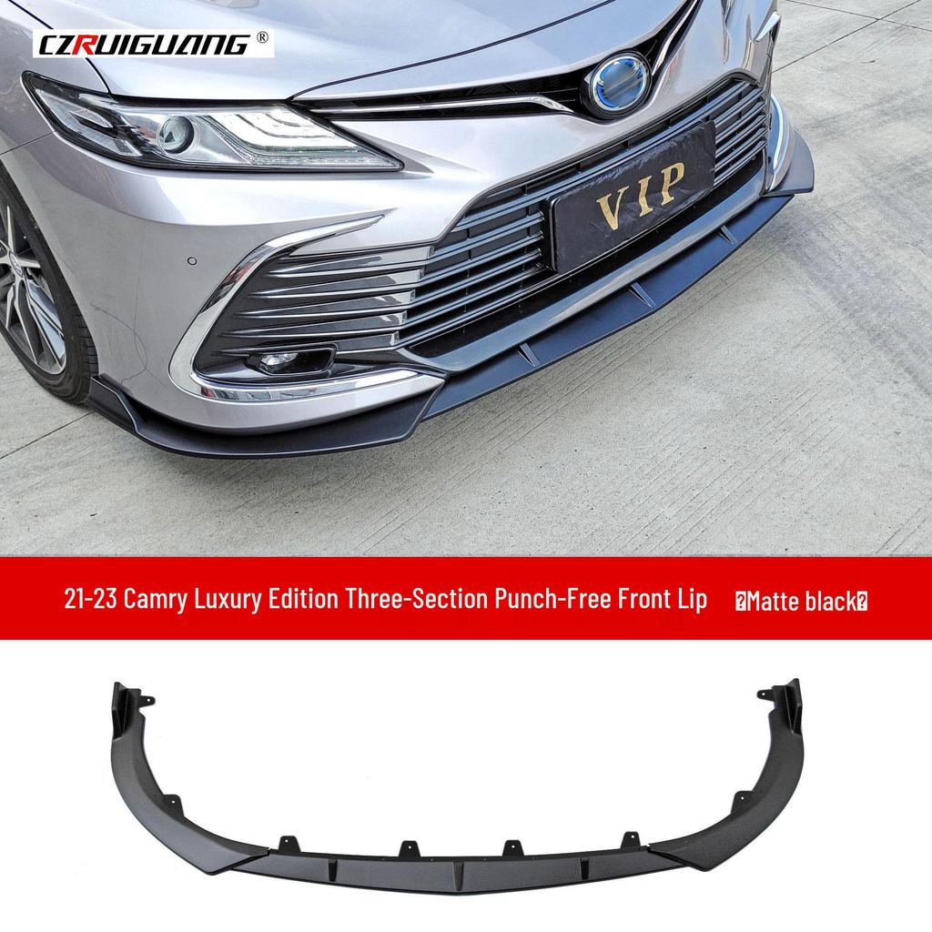 Compatible Accessories for 2021-2023 Toyota Camry: Front Lip, Rear Spoiler, Roof Spoiler, Side Skirts, Rear Bumper Corners, and Louvers.