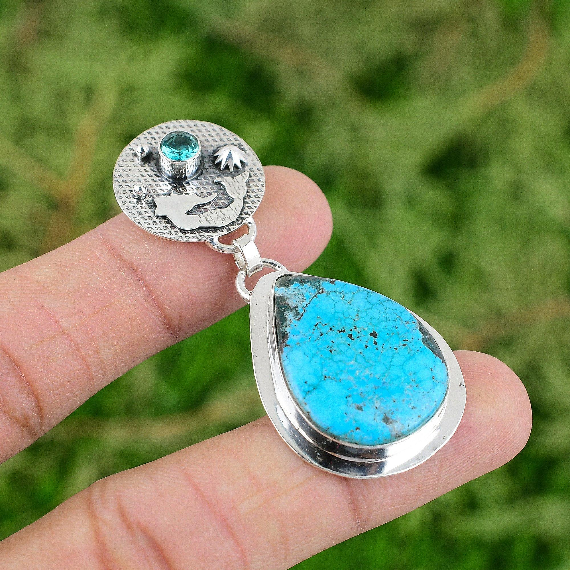 

925 Sterling Silver Natural Tibetan Turquoise Swiss Blue Topaz Mermaid Pendant