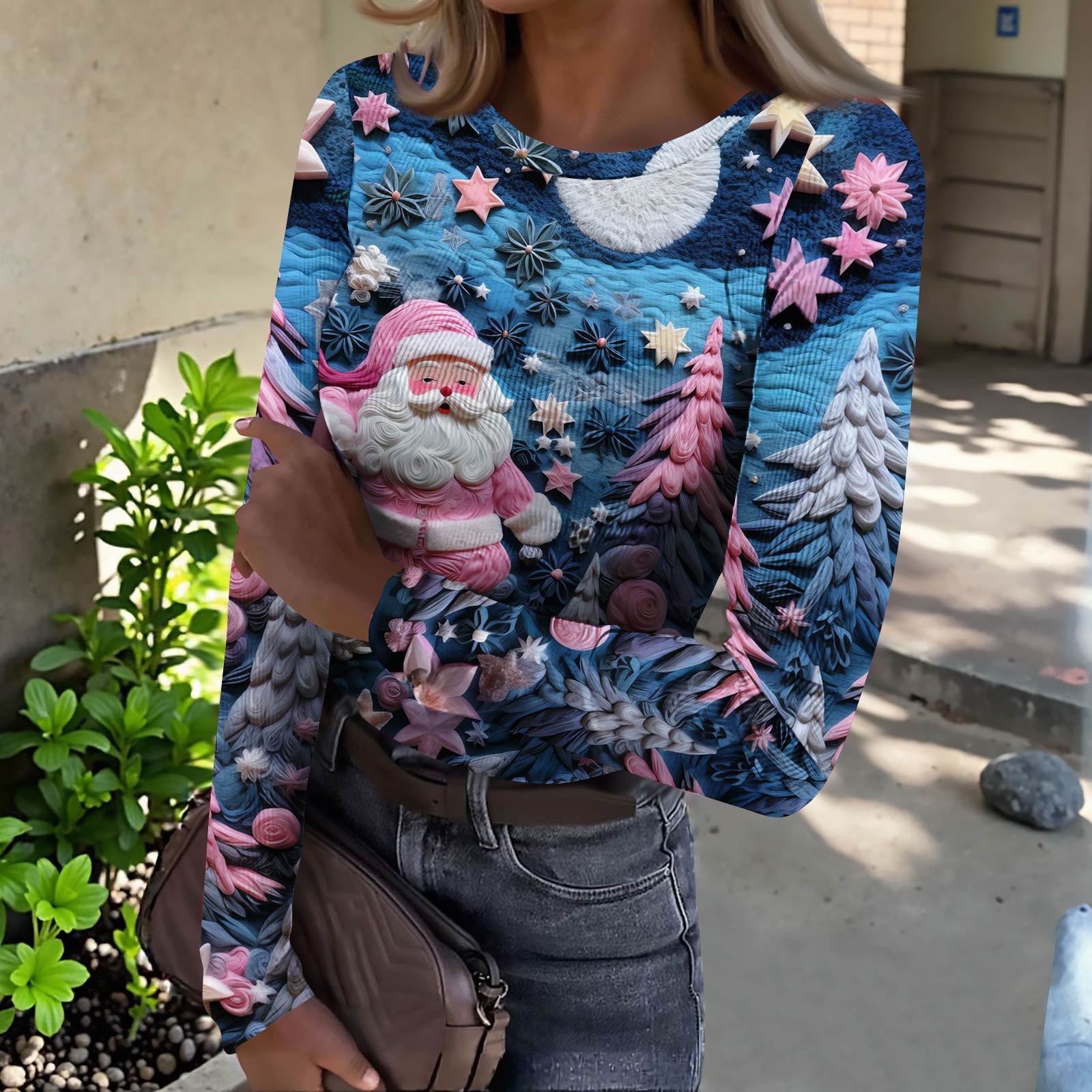 

Женская футболка с облегающим низом, модная повседневная с градиентным принтом, пуловер с круглым вырезом и длинными рукавами M синий