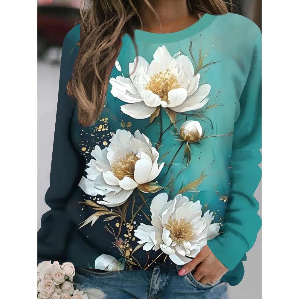 Fashion Versatile Flower Print Women's Top Long Sleeve Casual Loose T-Shirts Women’s Pullovers Long Sleeves Women’s