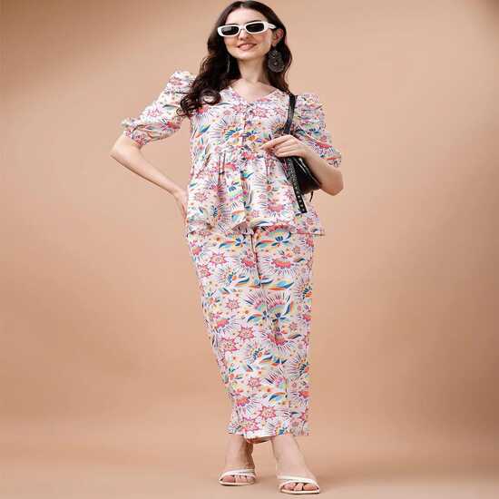 

Women s White Floral & Geometric Print Co-ord Set | Peplum Top & Straight Pants XL