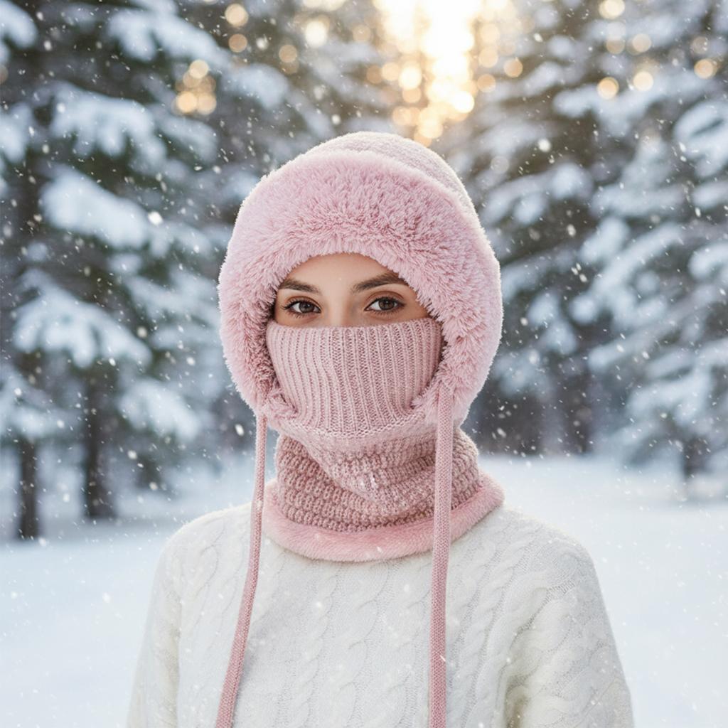 3 in 1 Beanie Hat with Scarf and Mask Winter Warm Women Knitted Beanie Hat Fleece Lined Winter Scarf Mask Set Snow Caps Hats