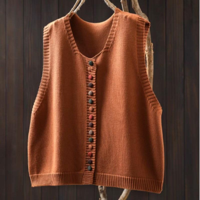 

Johnature Женские Винтажные Пуловеры Однотонные С О-образным Вырезом Без Рукавов Вязаные Осенние Свободные Повседневные Свитеры One Size оранжевый