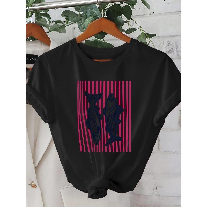 New Summer Women s Elegant Fish Pattern Striped T-Shirt Korean Fashion Casual Spring Summer Tee S чёрный