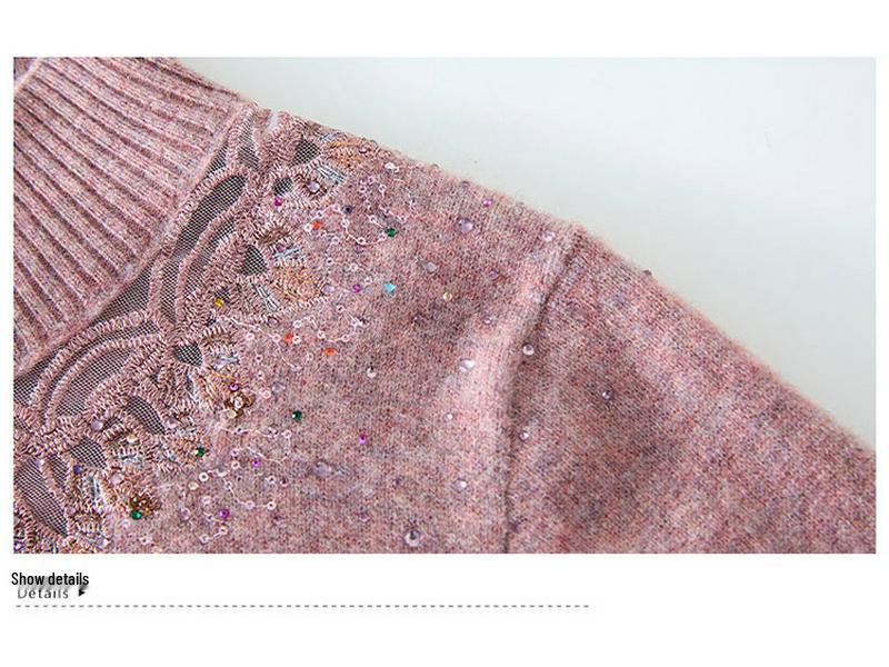 2025 New Style Mid-Neck Pure Wool Sweater with Embroidery for Middle-Aged & Elderly Women – Perfect for Autumn & Winter