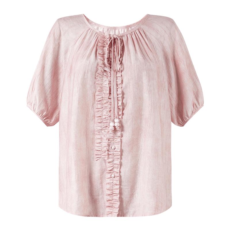 Women s Round Neck Puff Sleeve Blouse L светло-розовый