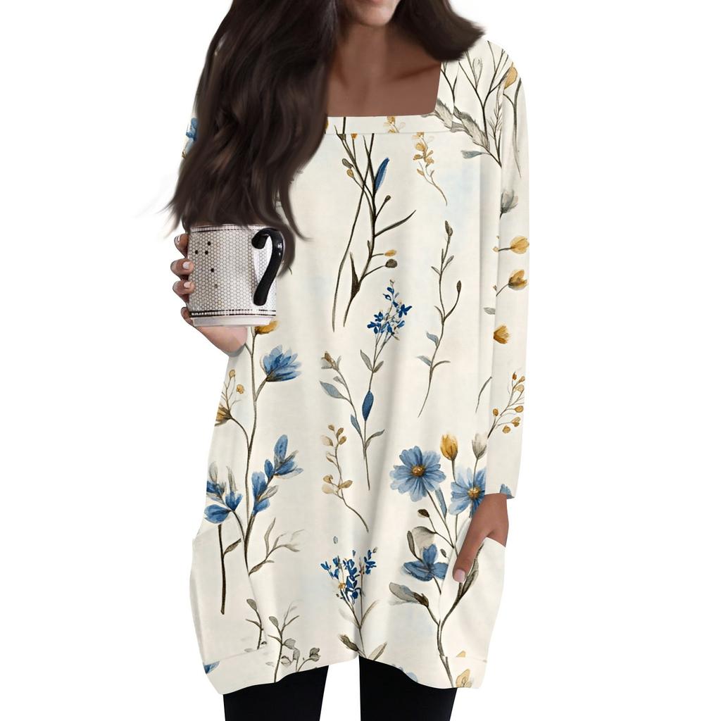 Womens Tops Square Collar Long Sleeve Blouses Casual Mid-length Shirts Fashion Print Tunic Tops With Pockets