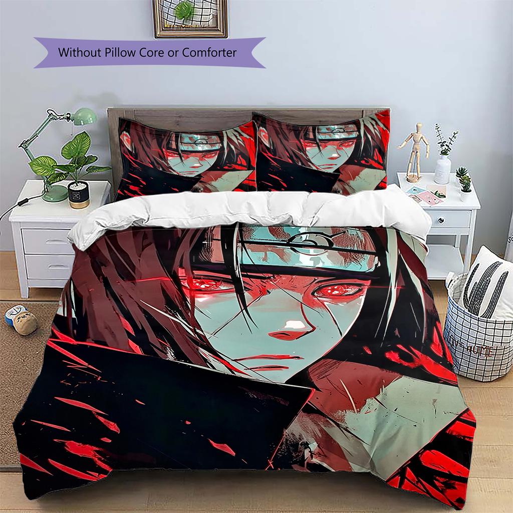 Naruto Anime Wzór Itachi Uchiha Pościel Dekoracja Domu Prezent Urodzinowy (1 * poszwa na kołdrę + 2 * poszewki na poduszki, bez rdzenia)