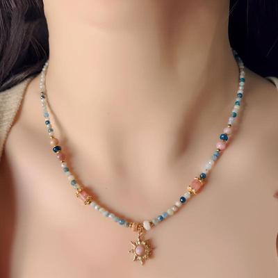 Stone Beaded Ethnic Sun Pendant Necklace - Retro Luxury Clavicle Chain