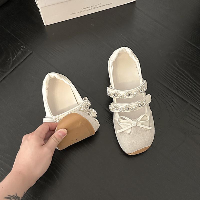 

Модный балетный стиль жемчужное слово с туфлями Мэри Джейн женский летний дизайн ретро мягкая подошва один педаль сумка голова одинарные туфли 40 бежевый