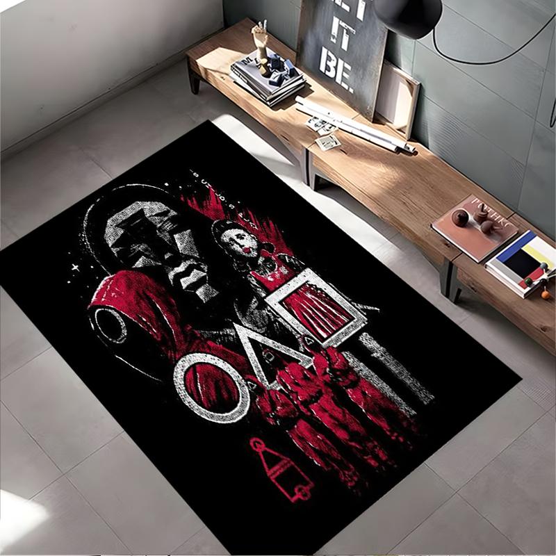 "Black Carpet with Red Abstract Design and Game Character Print" Suitable for Use As an Anti-slip for Living Room Bedroom Sofas