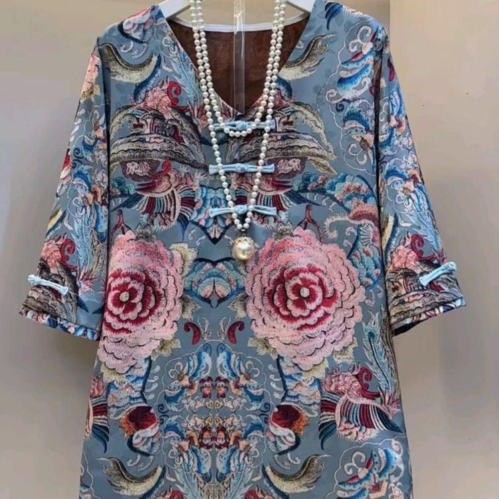 

Summer New Fashionable Loose Slimming V-neck Chinese Style Knotted Short-sleeved T-shirt 3XL рожевий