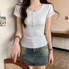 Blue Gentle Right Shoulder Short-sleeved T-shirt for Women Spring and Summer New Style Half Open Collar Western Style Slimming Bottoming Threaded Top