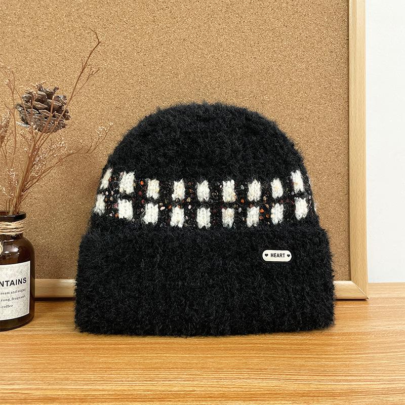 Plush Striped Knitted Hat for Women In Autumn and Winter New Korean Style Versatile Plus Velvet Thickened Warm Ear Protection Hat
