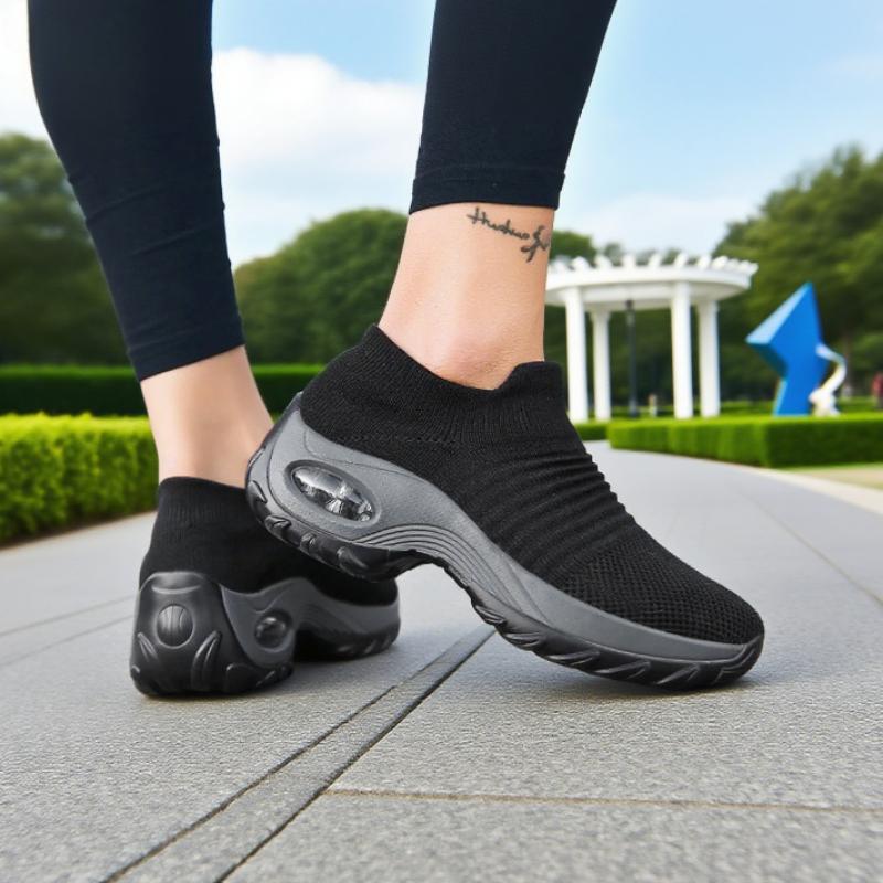 Women Black Walking Shoes Fashionable Comfortable Mesh Sneakers Breathable Thick Sole Anti Slip Sleeve Loafers Platform Sneakers
