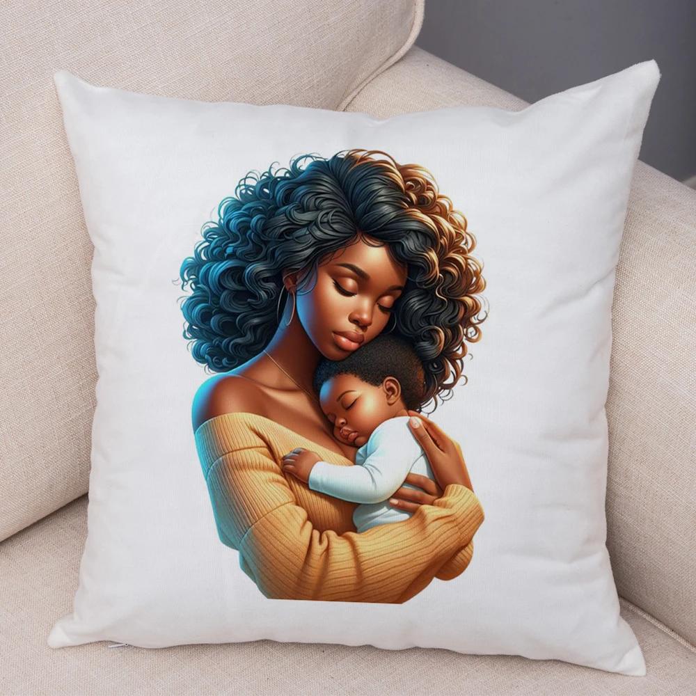 Africa Mom And Baby Pillow Case Decor Cartoon Beautiful Black Women Cushion Cover For Sofa Home Short Plush Pillowcase 45X45Cm
