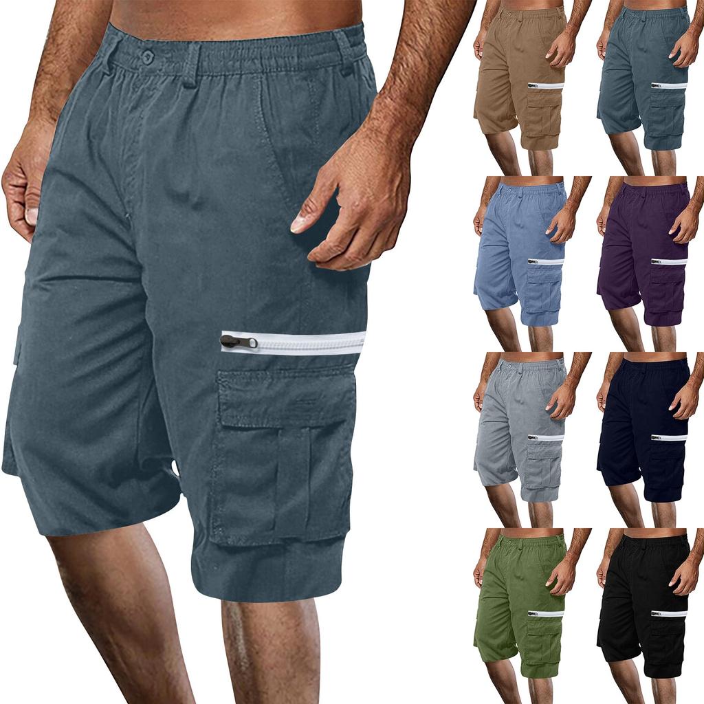 Men's Summer Multi-Pocket Cargo Shorts Casual Summer Hiking Shorts Elastic Waist Shorts