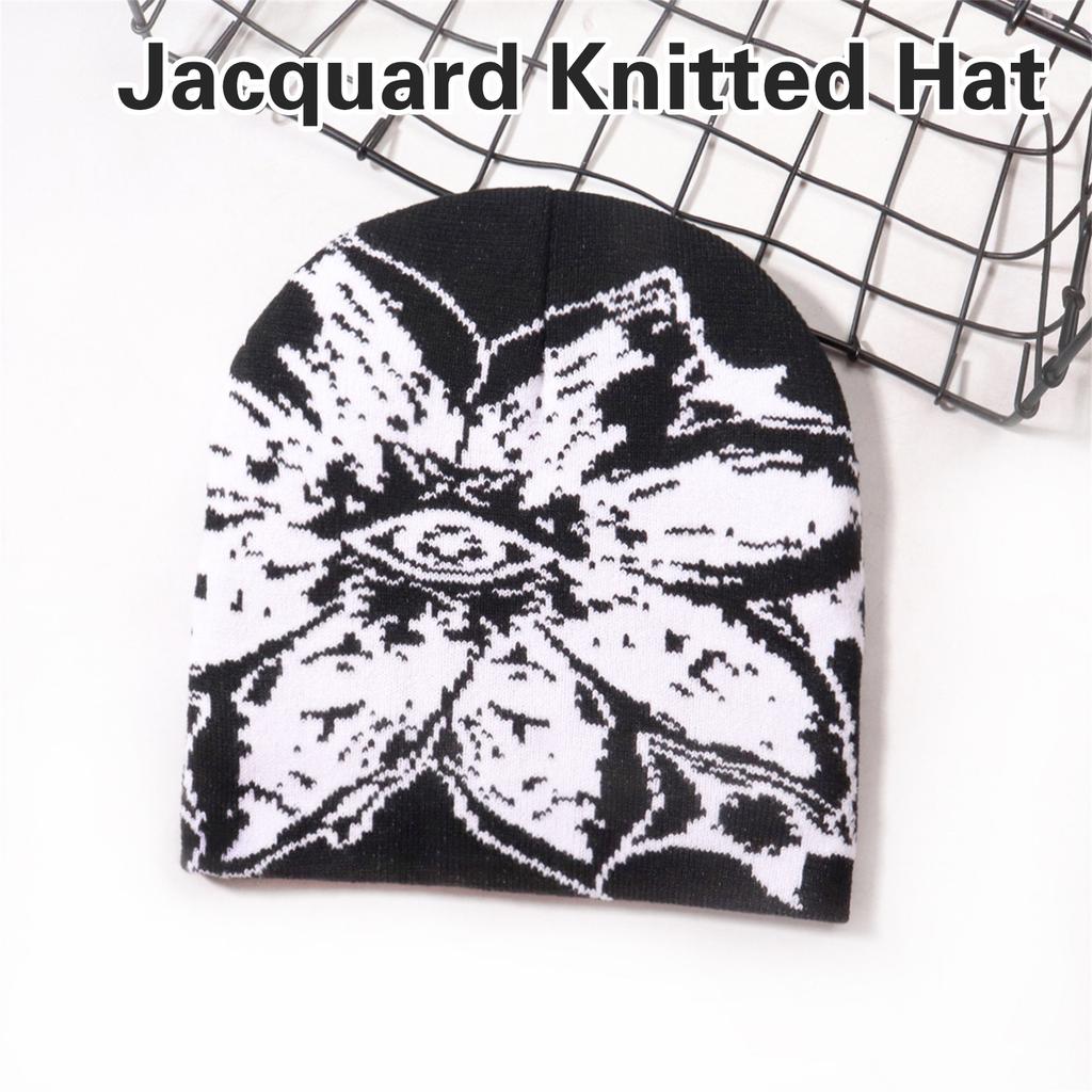 Unisex Jacquard Eye Flower Pattern Knitted Beanies Hat Fashionable Winter Warm Hiphop Bonnet Skull Hat for Men and Women